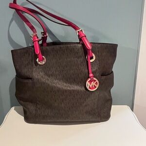 Michael Kors Dark Brown Tote with Pink Straps